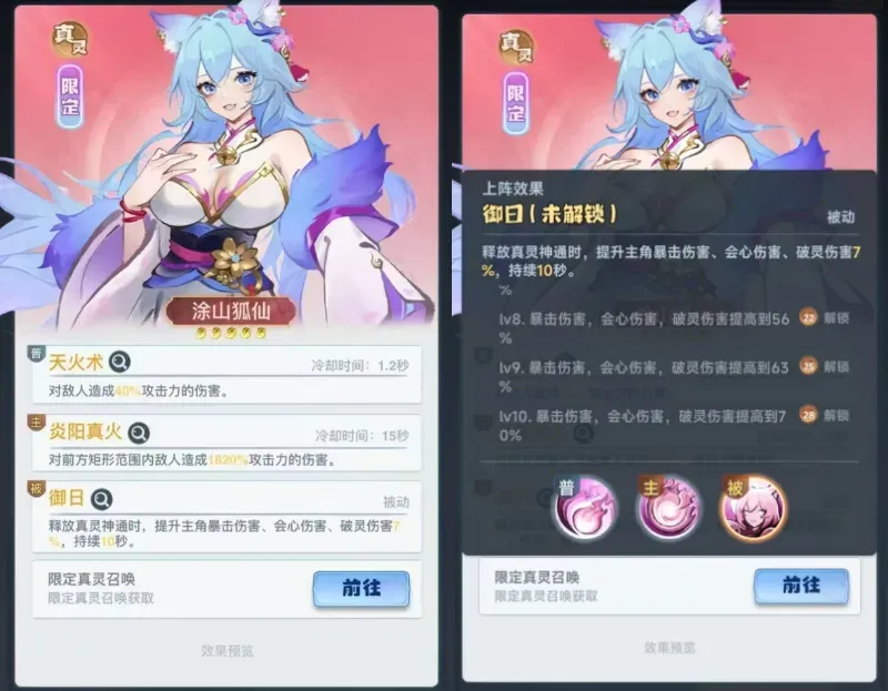 主宰世界涂山狐仙真灵技能效果一览​