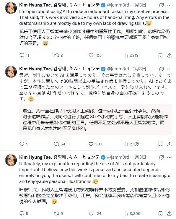 剑星制作人金亨泰30小时手绘马年贺图引爆AI争议 剑星制作人金亨泰30小时手绘马年贺图引爆AI争议